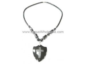 Cross Sign Hematite Shield Pendant Necklace